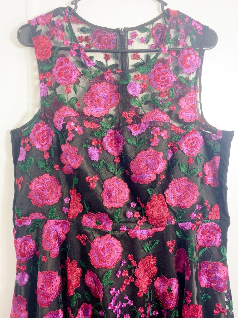 Tahari Black Sleeveless Floral Fit & Flare Dress with Pink Embroidery - Picture 3 of 6